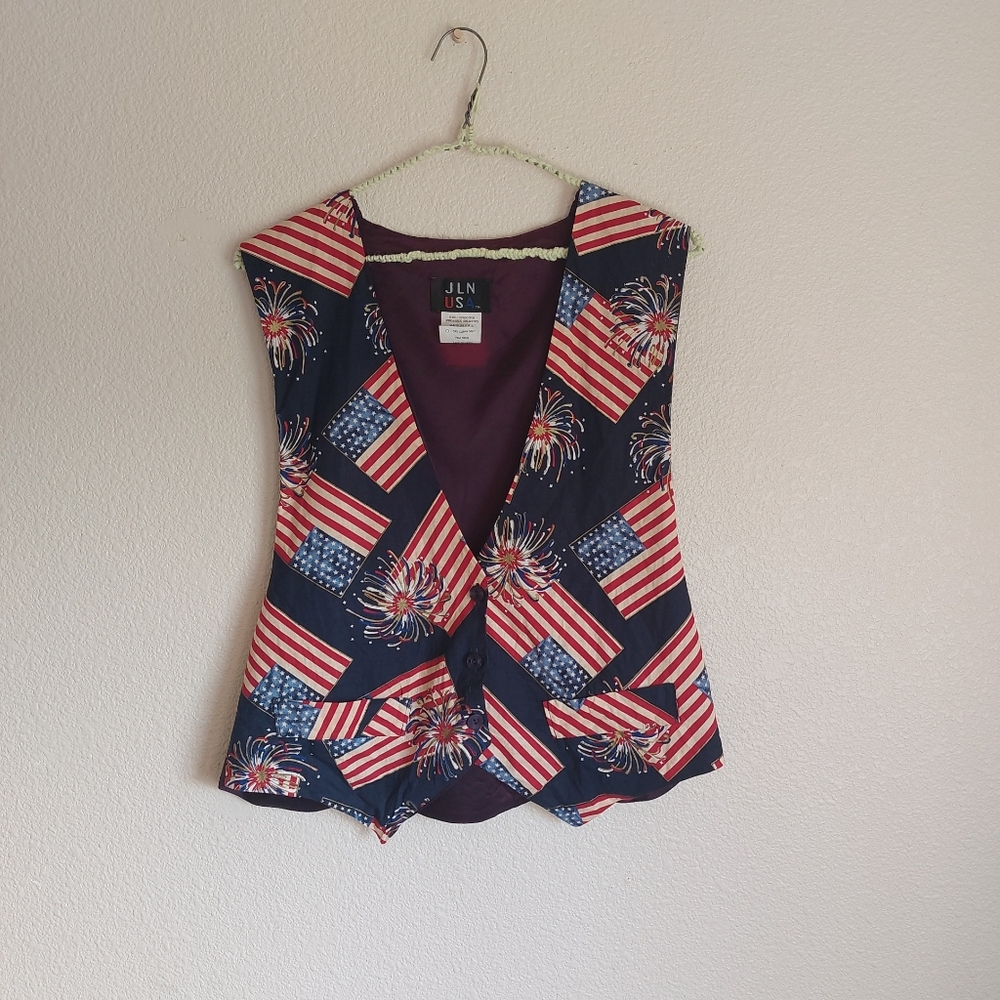 Vintage American Flag Fireworks Patriotic Vest Made In Usa Womens Large